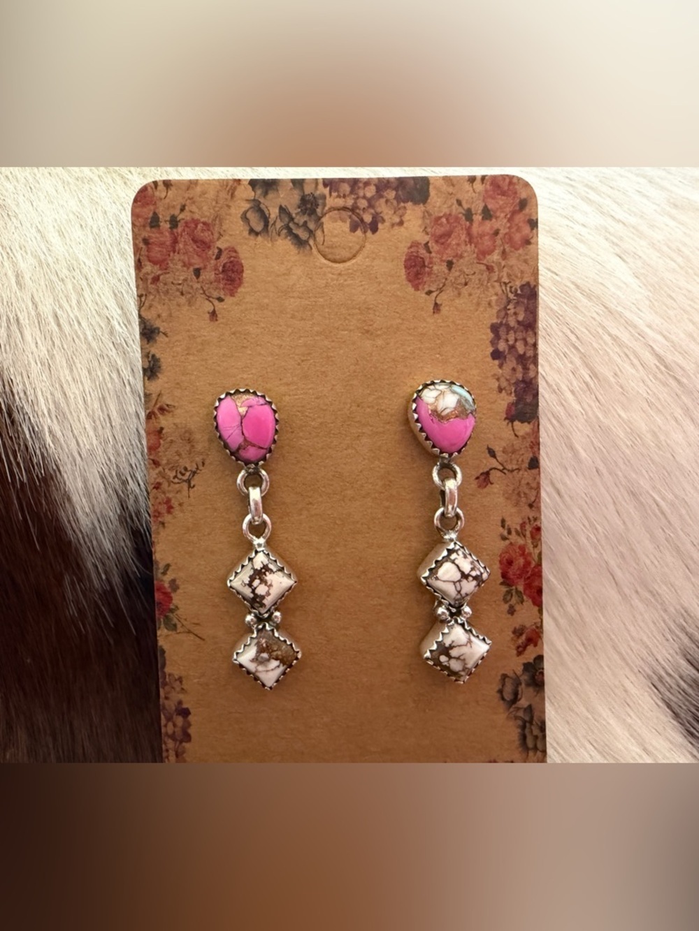 ❤️ Wild Horse Jasper & Cotton Candy Turquoise Post Back Dangle Sterling Earrings - Picture 12 of 15